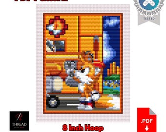 Tails Mini Diorama - Workshop | Sonic the Hedgehog Cross Stitch Pattern | Large | 8 Inch Hoop | Beginner | PDF Pattern