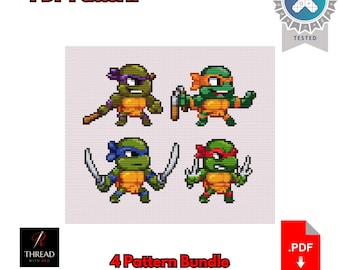 Ninja Turtles Bundle | Ninja Turtles Cross Stitch Patterns | Cute | Small | 4-5 Inch Hoop | Beginner Cross Stitch | PDF Pattern