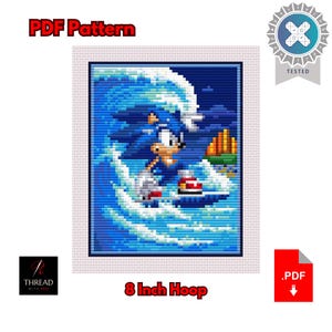 May include: Cross-stitch pattern featuring Sonic the Hedgehog riding a wave. The design is in shades of blue, white, and yellow, with the text "PDF Pattern" and "8 inch Hoop". The image is "Tested" and includes a PDF download.