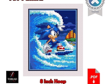 Sonic Mini Diorama - Surfing | Sonic the Hedgehog | Large | 8 Inch Hoop | Beginner Cross Stitch Pattern | PDF