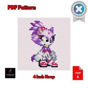 May include: Cross-stitch pattern with a pixelated Blaze the Cat design. The image includes the text "PDF Pattern" and "4 Inch Hoop". The design is in shades of purple, white, and red, with a tested seal.