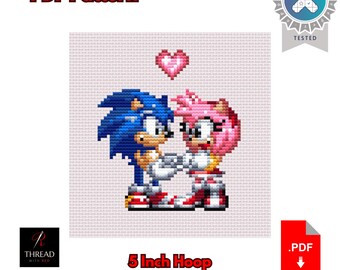 Sonic & Amy | Cross Stitch Pattern | Cute | Small | 5 Inch Hoop | Beginner Cross Stitch | PDF Pattern |