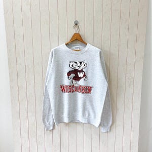 May include: A light gray sweatshirt featuring a cartoon badger in a red and white sweater, with the word "WISCONSIN" in red block letters below. The sweatshirt is hanging on a wooden hanger against a light wood-paneled wall.
