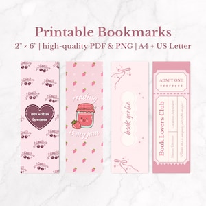 Conjunto de marcadores de página imprimíveis | Bookish Girly Coquette Rosa Pastel Fofo | Marcadores de página estéticos 2x6" | PDF + PNG | A4 e Carta EUA | Download digital