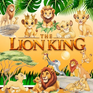 Puede incluir: Una vibrante ilustración con personajes de "El Rey León". La imagen muestra varios personajes de leones, incluyendo a Simba, Nala y Mufasa, en un estilo de dibujos animados. El título "The Lion King" se muestra en letras doradas.