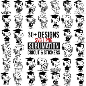 May include: Black and white illustrations of Snoopy in graduation attire. The image includes multiple designs of Snoopy wearing a graduation cap and gown, holding diplomas and flowers. Text reads "30+ DESIGNS SVG | PNG SUBMLIMATION CRICUT & STICKERS."