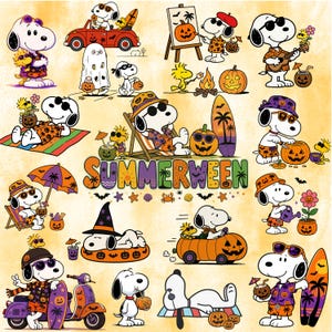 Pode incluir: Uma coleção de ilustrações do Snoopy e do Woodstock com o texto SUMMERWEEN. As personagens são retratadas em várias atividades de verão e de Halloween, incluindo surfar, esculpir abóboras, usar óculos de sol e relaxar em cadeiras de praia.