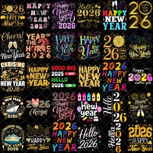 Könnte beinhalten: Eine Sammlung farbenfroher Neujahrsdesigns mit Texten wie "Happy New Year 2026", Feuerwerk, Sektgläsern und Kreuzfahrtschiffen. Die Designs sind in verschiedenen Schriftarten und Stilen gehalten, ideal für festliches Basteln.