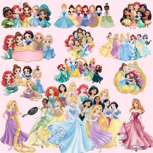 May include: A collection of watercolor illustrations of various Disney princesses. The princesses are depicted in their iconic gowns, with a soft pink background. The illustrations are in a cartoon style, with a focus on the characters' faces and expressions.