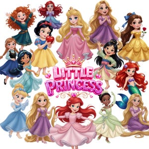 Pode incluir: Ilustração de desenhos animados de várias princesas em vestidos coloridos. A imagem inclui o texto "Little Princess" em letras rosa bolha, com uma coroa acima. As princesas têm cabelos longos e estão em várias poses.
