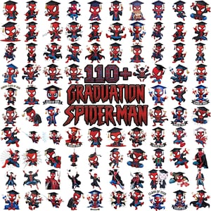 Puede incluir: Un collage de ilustraciones de Spider-Man en varias poses, todos con gorras y togas de graduación. El texto "110+ GRADUATION SPIDER-MAN" se muestra de forma destacada. Muchas ilustraciones incluyen el texto "Class of 2026" y "Senior Class of 2026".