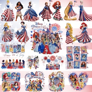 Pode incluir: Uma coleção de ilustrações de princesas da Disney com personagens vestindo trajes patrióticos em vermelho, branco e azul com padrões de estrelas e listras. As imagens incluem fogos de artifício, bandeiras americanas e o texto Happy 4th of July.