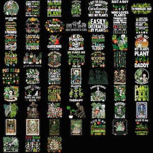 Op de afbeelding: Een verzameling grafische ontwerpen met plantgerelateerde thema's. De ontwerpen bevatten tekst zoals "Pot Head", "Plants Make Me Happy" en "This is My Gardening Shirt". De afbeeldingen staan op een zwarte achtergrond.