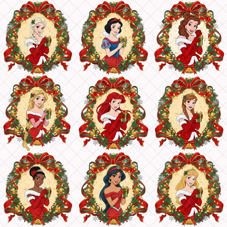 May include: Nine illustrations of Disney princesses in Christmas attire, each framed by a festive wreath with red bows, greenery, and golden bells. The princesses are depicted in red dresses, holding green wrapped gifts, with varying hairstyles and skin tones.