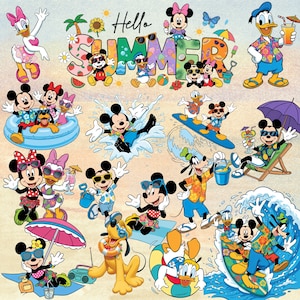Pode incluir: Ilustração colorida com Mickey, Minnie, Pato Donald, Margarida, Pateta e Pluto aproveitando o verão. A frase "Hello SUMMER" é exibida com imagens de praia. Os personagens nadam, surfam e relaxam.