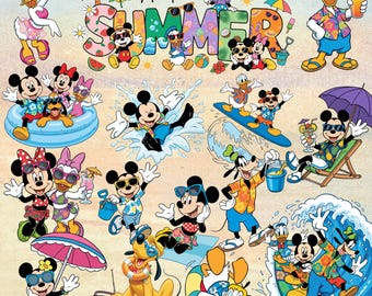 May include: A vibrant illustration featuring Disney characters Mickey Mouse, Minnie Mouse, Donald Duck, Daisy Duck, Goofy, and Pluto enjoying summer. The words "Hello SUMMER" are displayed with beach imagery. Characters are shown swimming, surfing, and relaxing.
