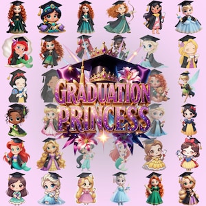 Puede incluir: Un collage de princesas de dibujos animados con gorros y vestidos de graduación. La imagen presenta varias princesas con diferentes atuendos, con las palabras "Graduation Princess" en una fuente decorativa. Las princesas están en varias poses, sosteniendo diplomas u otros elementos relacionados con la graduación.