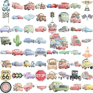 May include: Watercolor illustrations of various cartoon cars, including race cars, trucks, and classic vehicles. The image features a stop sign, a Route 66 sign, and a checkered flag, suggesting a racing or automotive theme.