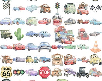 May include: Watercolor illustrations of various cartoon cars, including race cars, trucks, and classic vehicles. The image features a stop sign, a Route 66 sign, and a checkered flag, suggesting a racing or automotive theme.