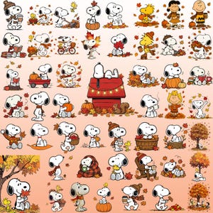 Pode incluir: Uma coleção de ilustrações dos personagens Peanuts com Snoopy e Woodstock em várias cenas de outono. As imagens mostram-nos com abóboras, folhas caídas, casotas vermelhas, cachecóis e bebidas quentes sobre um fundo cor de pêssego.