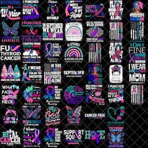 May include: A collection of graphic designs with text and illustrations related to thyroid cancer awareness. Designs include phrases like "I punched thyroid cancer in the throat" and "In this family nobody fights alone."