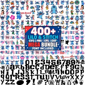 Op de afbeelding: Een digitale mega-bundel met meer dan 400 Lilo & Stitch-ontwerpen, inclusief SVG-, PNG-, EPS- en DXF-bestanden. De afbeelding bevat ook een lettertype, cijfers, letters en verschillende Stitch-illustraties.