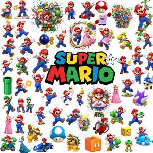 May include: A collection of Super Mario character stickers and graphics. The image features Mario, Luigi, Princess Peach, Yoshi, and other characters in various poses. The Super Mario logo is prominently displayed in the center.
