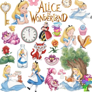 May include: A collection of Alice in Wonderland illustrations featuring Alice in her blue dress, the Cheshire Cat, the Queen of Hearts, a gold key, a pocket watch, a stack of teacups, a cupcake, a rose, a bottle, and a tree with directional signs.