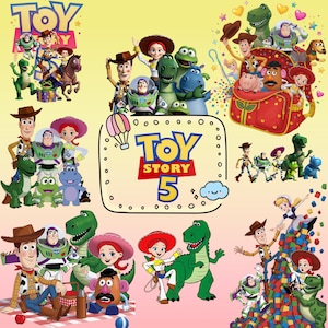 Pode incluir: Uma imagem vibrante com personagens da série de filmes de animação Toy Story. A imagem inclui Woody, Buzz Lightyear, Jessie, Rex e outros personagens, com o texto "TOY STORY 5". O fundo é amarelo claro.