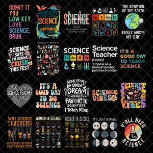 Pode incluir: Uma coleção de gráficos com tema científico com vários designs de texto. Os designs incluem frases como "Science Vibes", "Science Teacher" e "Dinosaurs Didn't Learn Science". A paleta de cores inclui preto, branco e tons vibrantes.