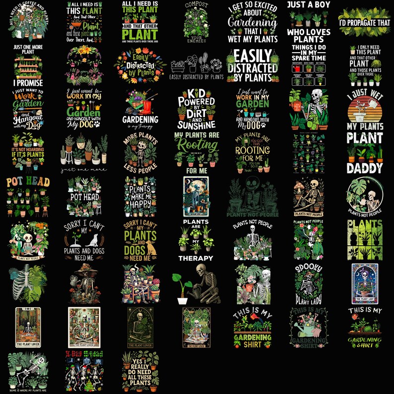 Pode incluir: Uma cole&ccedil;&atilde;o de camisetas gr&aacute;ficas com designs tem&aacute;ticos de plantas. As camisas apresentam textos como "Pot Head", "Plants Make Me Happy" e "This is My Gardening Shirt", juntamente com ilustra&ccedil;&otilde;es de plantas, esqueletos e ferramentas de jardinagem.