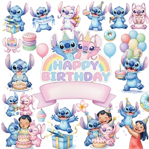 Pode incluir: Uma coleção de ilustrações em aquarela com os personagens Stitch e Angel de Lilo & Stitch. As imagens mostram Stitch com presentes, bolos e balões, com o texto "Happy Birthday" em um fundo de arco-íris. A paleta de cores é principalmente azul, rosa e tons pastel.