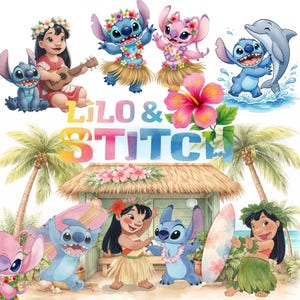 Könnte beinhalten: Aquarellillustration mit den Charakteren von Lilo & Stitch. Lilo spielt Ukulele, während Stitch und Angel in Baströcken tanzen. Das Bild enthält den Text "Lilo & Stitch", Palmen und eine Strandhütte.
