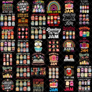 May include: A collection of colorful graphic designs on a black background. The designs feature text like "Reading is My Jam" and "Library is My Jam", along with images of books, jars of jam, and strawberries. The designs are suitable for various products.