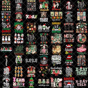 Pode incluir: Uma coleção de designs de radiologia com tema natalino. As imagens apresentam esqueletos, gnomos e elementos festivos com texto como "X-Ray Tech", "Radiology Squad" e "Merry X-Raymas". Os designs são em várias cores sobre um fundo preto.
