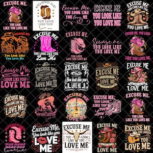 Pode incluir: Uma coleção de designs gráficos com botas de cowboy, chapéus e guitarras. Cada design inclui a frase "Excuse Me, You Look Like You Love Me" em várias fontes e estilos, com esquemas de cores rosa e castanho.