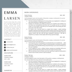 Może przedstawiać: Szablon CV z imieniem "EMMA LARSEN" na górze, zawierający sekcje z danymi kontaktowymi, wykształceniem i doświadczeniem zawodowym. Złoty długopis spoczywa po prawej stronie dokumentu. CV jest na białym tle.