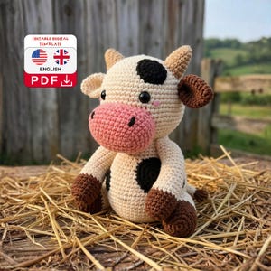 Può includere: Un peluche di mucca all'uncinetto fatto a mano con corpo color crema, macchie nere e zoccoli e orecchie marroni. La mucca ha un muso rosa ed è seduta su un letto di fieno. L'immagine include una grafica di modello digitale con il testo "EDITABLE DIGITAL TEMPLATE" e "ENGLISH PDF".