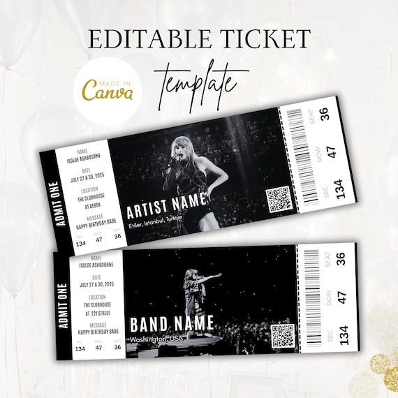 Editable Concert Ticket Canva, Printable Tickets Template, DIY Custom Concert Ticket, Birthday Gift Idea, Surprise Gift, Digital Download
