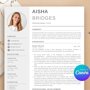 Könnte beinhalten: Eine Lebenslaufvorlage mit dem Namen "Aisha Bridges" oben. Der Lebenslauf enthält Abschnitte für Kontaktinformationen, Ausbildung, Erfahrung und Fachwissen. Ein "Made in Canva"-Aufkleber befindet sich unten rechts.