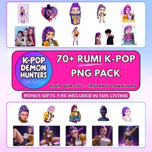 May include: A digital PNG pack featuring K-Pop themed graphics. The image includes various illustrations of a character named Rumi, along with text that reads "K-Pop Demon Hunters" and "70+ Rumi K-Pop PNG Pack". The graphics are in vibrant colors.