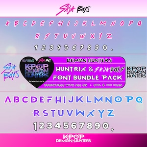 May include: A digital font bundle pack with the text "HUNTRIX & SAJA BOYS FONT BUNDLE PACK" in a vibrant design. The image showcases various font styles, including uppercase letters, numbers, and the "SAJA BOYS" logo in pink and blue.