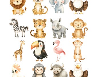 16 Safari Animals Clipart, Lion, Giraffe, Nursery Art, Jungle Animals Clipart, Cute Watercolor Animal, Jungle Animals, Digital Download