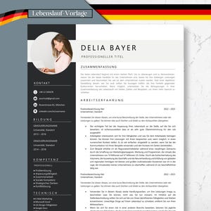 Może przedstawiać: Nowoczesny szablon CV ze zdjęciem kobiety, zawierający sekcje z danymi kontaktowymi, wykształceniem, umiejętnościami i doświadczeniem. CV jest czarno-białe ze złotym długopisem na marmurowej powierzchni. Flaga Niemiec znajduje się w lewym górnym rogu.