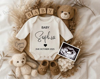 Digital Pregnancy Announcement, Neutral Baby Reveal Social Media, Gender Reveal, Boho Beige Pregnancy Announcement, Pregnancy due Date