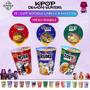 Kpop Demon Hunters Cup Nudeletiketten, bearbeitbare Huntrix Ramen Ramyeon Party Favor Wraps, Rumi Mira Zoey druckbare Canva Vorlage 15 Kpop Pack