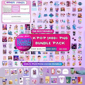 May include: A digital art bundle featuring K-Pop-themed graphics, fonts, and merchandise mockups. The image includes various PNG files, text that reads "KPOP 1400+ PNG BUNDLE PACK", and the words "Multi-Purpose Usage Bundle".