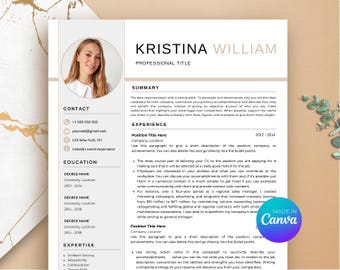 May include: A resume template with the name "KRISTINA WILLIAM" at the top. The resume includes sections for contact information, education, experience, and expertise. A photo of a woman is in the upper left corner. The Canva logo is in the bottom right corner.