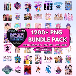Peut inclure: Ensemble de graphiques PNG colorés sur le thème de la K-pop, avec des illustrations de personnages et des logos. L'image affiche le texte "1200+ PNG BUNDLE PACK". Les graphiques sont adaptés aux projets d'art numérique.