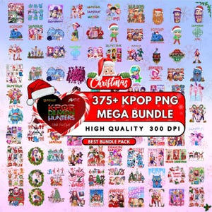 Puede incluir: Un paquete de arte digital con más de 375 imágenes PNG de KPOP. Las imágenes incluyen varios personajes, temas navideños y elementos de texto. El paquete está etiquetado como de alta calidad con una resolución de 300 DPI y se describe como el mejor paquete.